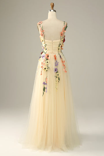 Champagne A Line Spaghetti Straps Tulle Ball Dress With 3D Flowers